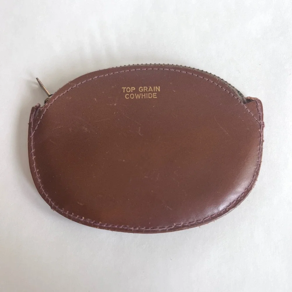 Vintage Brown Top Grain Cowhide Leather Coin Purse Oval Zip Pouch Talon Zipper